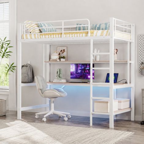 Hochbett 90x200 cm Weiß aus Metall und MDF mit Schreibtisch, Regal, Leiter, Geländer, USB und Steckdose (1/5)