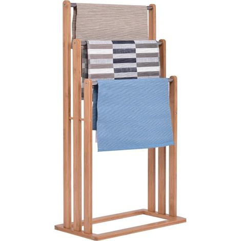 COSTWAY Porte-Serviettes avec 3 Barres Support pour Serviettes sur Pied en Bambou Portant Vêtements Accessoires de Salle de Bain Serviteur de Chambre 46 x 24 x 84 cm (1/5)
