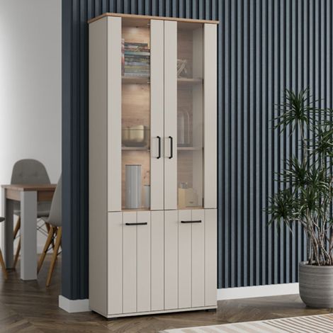 Vitrina Tadas, Mueble Expositor 4 Estantes, 2 Puertas, con Patas, Puerta con Detalle de Vidrio, 79x36x191h cm Blanco Crema (1/5)