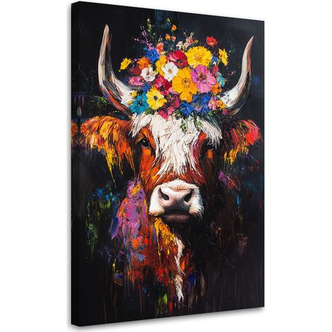 Tableau déco Vache écossaise avec des fleurs sur la tête 70x100 (1/5)