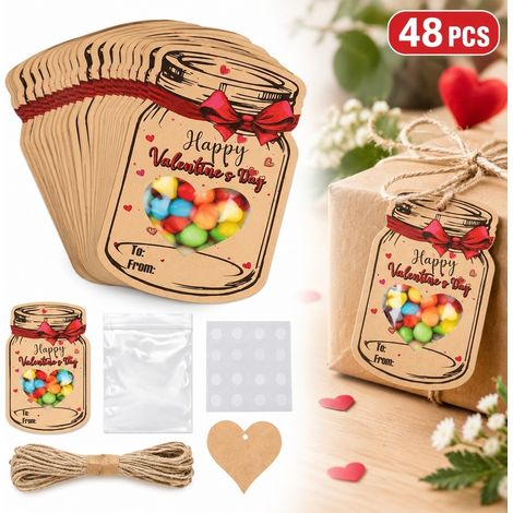 48 Pièces, Étiquettes Kraft Saint-Valentin avec Ficelle et Points de Colle, pour Maison, Bureau, Voyage (1/5)