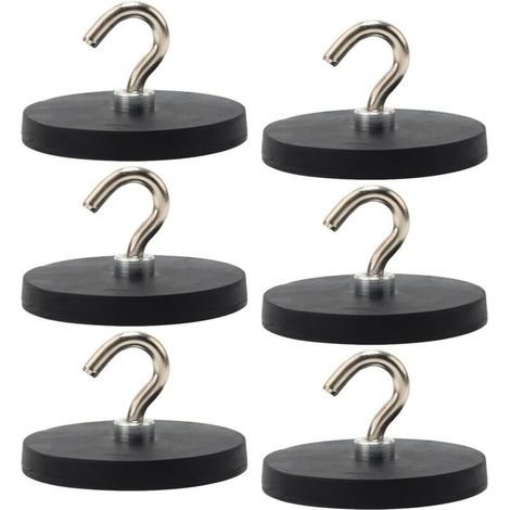Lot de 6 crochet magnétiques noirs de 43 mm - Crochets magnétiques caoutchoutés - Extra puissants - 10 kg - Pour portes en fer, réfrigérateurs (1/5)
