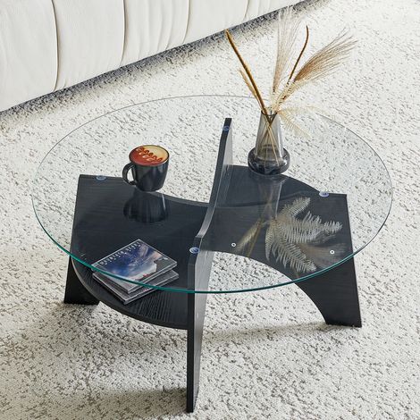 Table d'appoint ronde verre sécurité Ø80 cm, cadre éventail et pieds MDF effet bois noir. et pour salon, salle à manger et bureau
