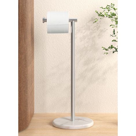 Porte Rouleau Papier Toilette sur Pied Dérouleur Porte Papier Toilette sur Pied Salle de Bain avec Base en Marbre Blanc Moderne Acier Inoxydable SUS304 Fini Brossé, BPH284S1-2 (1/5)