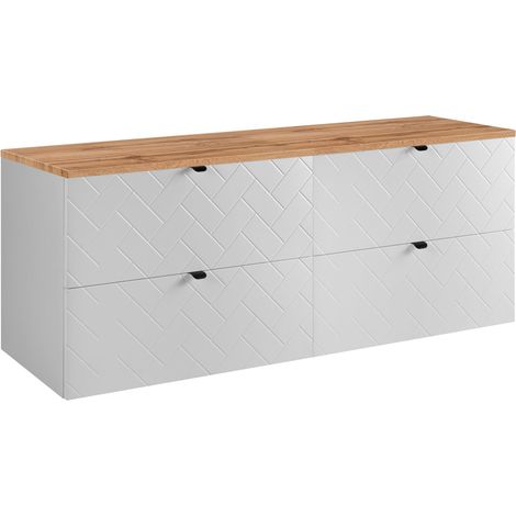 Furnidea - Meuble sous vasque MADIS BLANC 160 cm avec le plan CHÊNE - 4 tiroirs, façades motif chevron, design moderne (1/5)