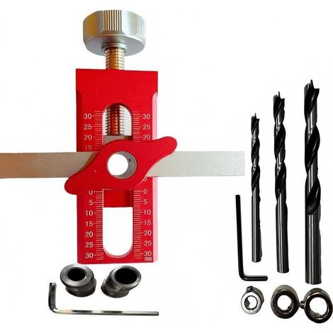 Gabarit d'installation de porte d'armoire, outil de montage 2 en 1 en alliage d'aluminium avec positionneur réglable, pour la plupart des portes d'armoire avec 3 forets (rouge) (1/4)