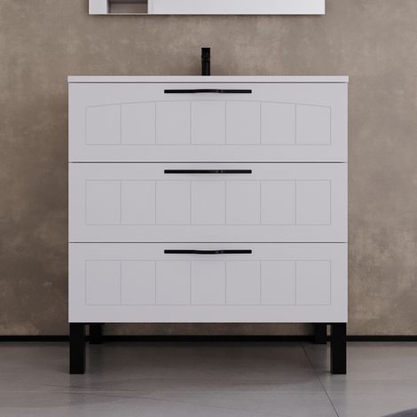 Meuble de salle de bain 80cm simple vasque - 3 tiroirs - sans miroir - blanc - CALA (1/5)