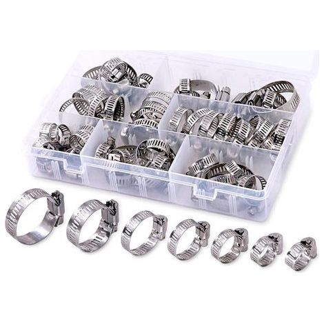 Assortiment de colliers de serrage à vis sans fin réglables en acier inoxydable, 8–38 mm, 7 tailles, pour conduites de carburant, plomberie, automobile et génie mécanique, lot de 60 pièces