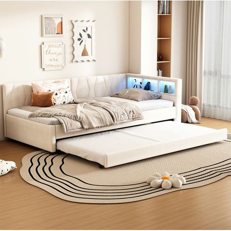 Divano letto in lino beige 90x200 cm con letto estraibile, USB e USB-C, LED e rete a doghe inclusa (1/5)