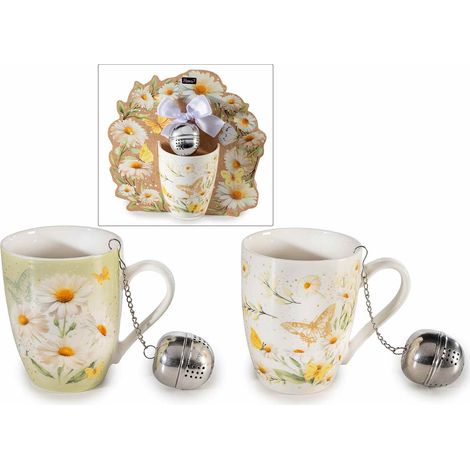 Mugs en porcelaine motif floral avec filtre à thé en métal, coffret cadeau façonné et nœud, lot de 2, Mug : diam. 8 x H. 10,5 cm