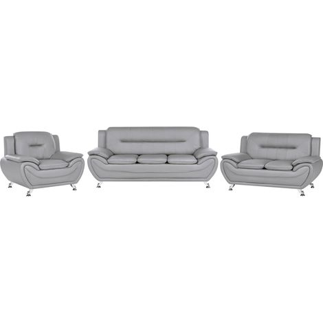 Conjunto de sala de estar moderno 6 plazas piel vegana ecológica acolchado grueso patas plateadas gris Leira (1/5)
