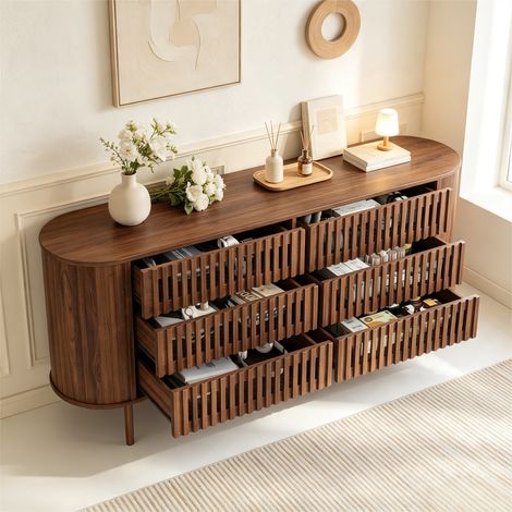 Sideboard 160x40x70cm avec 6 tiroirs, commode design à lattes ajourées en MDF, pieds métalliques stables, charge max 70kg, commode salon couloir, meuble d'appoint, meuble à tiroirs, couleur noisette (1/5)