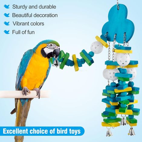 Jouets pour Perroquets pour Grands Oiseaux, Jouet à mâcher pour Perroquets avec blocs de bois colorés et cloches pour Macaws, Perroquet Gris d’Afrique et Perroquets Amazones (Style Myrtille) (1/3)