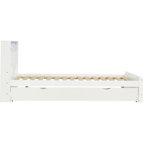 Lit double avec lit gigogne 90x190 cm, LED, prise, rangement, pin et MDF, blanc (1/5)