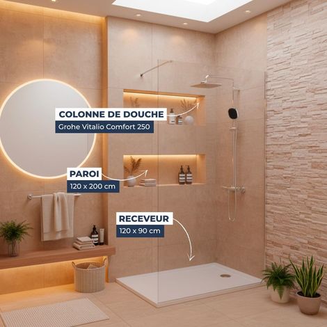 Dusch-Komplettset – Walk-In Duschwand 120x200 Chrom + Grohe Vitalio 2 Strahlarten + Gussmarmor-Duschwanne Weiß 120x90
