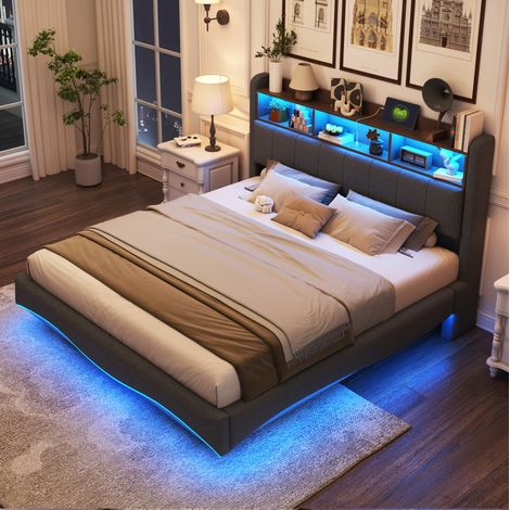 Bett Polsterbett schwebendes Design 160x200 cm grau, mit geschwungenem Kopfteil, LED, USB und Type-C, Lattenrost (1/5)