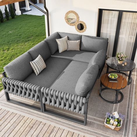 Conjunto de 5 muebles de jardín con 2 sofás individuales, 1 sofá esquinero y 2 mesas, Olefina Gris (1/5)