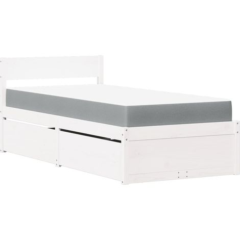 Lit simple  Lit adulte  Lit avec tiroirs et matelas blanc 100x200 cm bois massif de pin