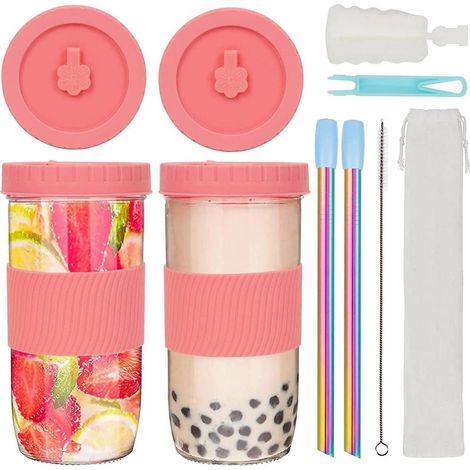 Bubble Tea Becher 2er Set 730ml Glas mit Deckel & Edelstahlstrohhalm Rosa (1/5)