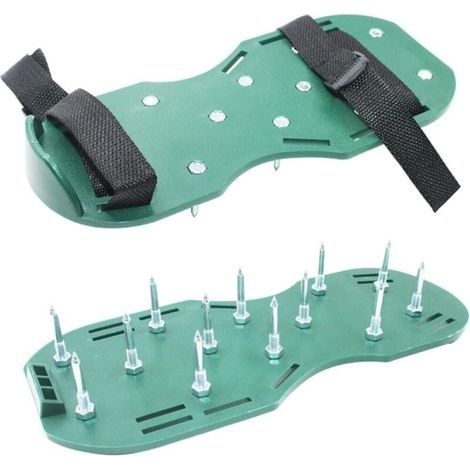 Sandales Aérateur Pelouse, 1 paire 42mm Aérateur de Pelouse avec 26 Clous et Clé, Chaussure à Gazon Ajustable, Amélioration de la qualité du Sol, pour Aerateur Gazon (Vert) (1/5)