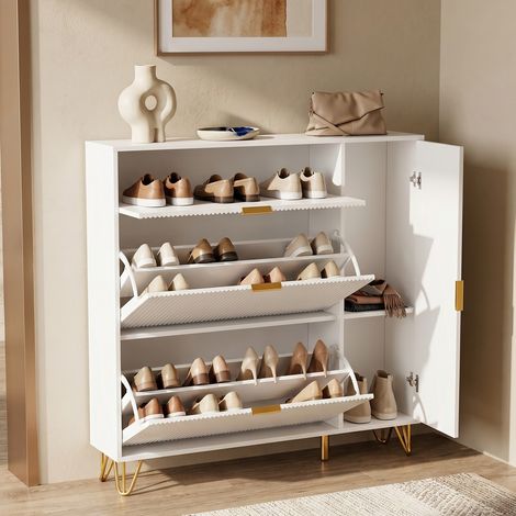 Scarpiera 110x24x118,5 cm, salvaspazio, con ante a ribalta doppio strato, grande capacità, ripiani regolabili, in legno, bianco (1/5)