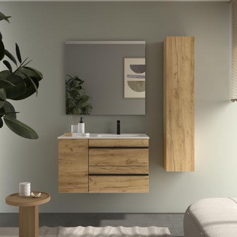 Meuble de salle de bain BORN PLUS 90cm Chêne Vasque Porcelaine Robinet à droite 1P (1/5)