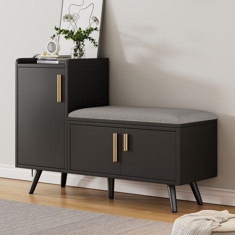 Mueble para zapatos - 100x34x69 cm - Mueble con banco, 3 puertas de almacenamiento y asiento acolchado - Negro