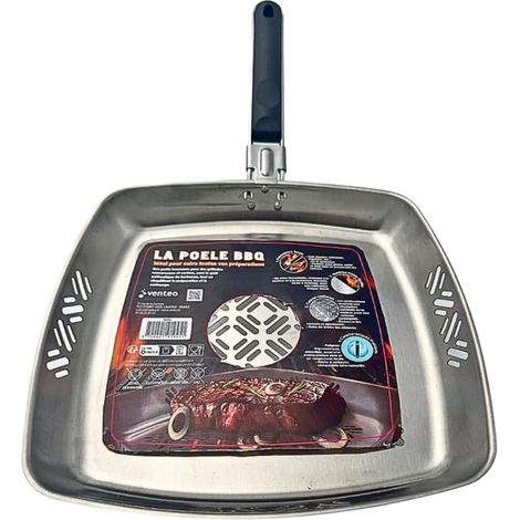 Venteo – Poêle barbecue inox avec poignée amovible – Grille en acier inoxydable – Cuisson homogène pour viandes, légumes, poissons – Facile à nettoyer