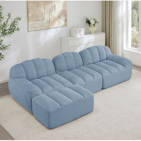 Sofá esquinero modular de 3 plazas con 1 puf, forma L, asiento profundo, tejido azul DESVIAE (1/5)