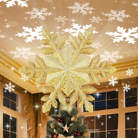 Cime de sapin de Noël avec projecteur LED intégré,Décoration de sapin de Noël avec flocons de neige, Décoration de Noël 3D pailletée ((argent) (1/5)