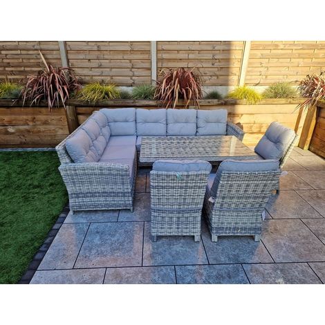 Signature Weave Amy Wicker Corner Sofa Dining Table Set 3 x Chairs Grey Cushions (1/4)
