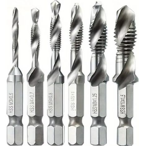 Kindfiber OÜ-Lot de 6 forets de tarauds HSS revêtus de titane avec tige hexagonale M3 M4 M5 M6 M8 M10 pour tarauds composés de machine à vis (6 pièces, blanc) (1/5)