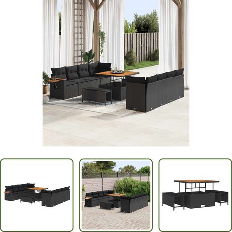 Canapé extérieur - Ensemble de canapé de jardin avec coussin 12 pcs Noir polyrotin (1/5)