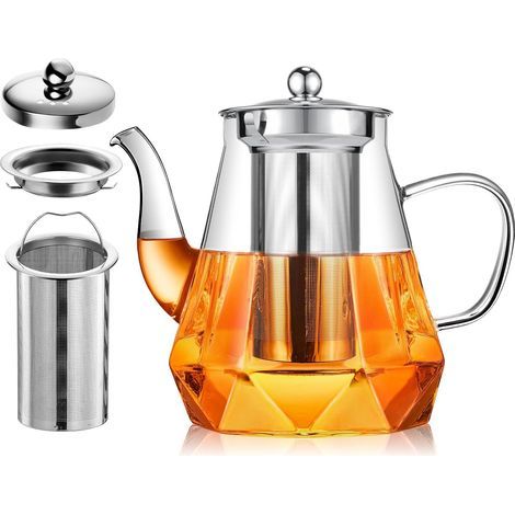 théières en verre avec infuseur, théière 1200ml, théière en verre clair avec infuseur pour le thé en vrac, théière sécuritaire de cuisinière avec filtre en acier inoxydable (1/5)