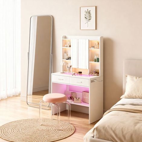 Peluquería con espejo, USB, tira de luz, soporte para secador de pelo, 2 cajones, madera y vidrio, blanco