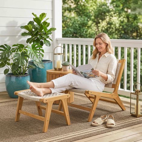 Fauteuil de jardin avec repose-pieds, ensemble 2 pièces, bois d'acacia certifié FSC, chaise longue d'extérieur avec assise en rotin, style bohème, pieds réglables