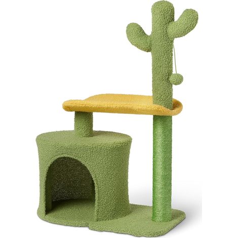 Cactus Shaped Cat Tree for Indoor Cats and Kittens, Scratching Post with Curved Perch and Comfortable Kennel, Interactive Hanging Ball, Height 78 cm, Green (1/5)