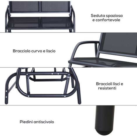 Balançoire double extérieur en métal et tissu aéré, 120x70x85 cm, noire, pour jardin ou terrasse (1/5)