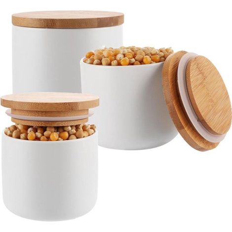 Ensemble de 3 pots en céramique avec couvercles, 260 ml, blancs - sucrier, salière, pot à café, pot à thé et pot à épices. (1/5)