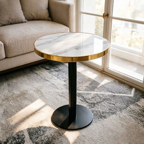 Table d'appoint ronde moderne en acier inoxydable doré, plateau marbre UV, salon, séjour, chambre — stabilité garantie (1/4)