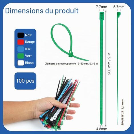 Colliers de Serrage Plastique Réutilisables 200 mm, Serre-Câbles Nylon, Résistants aux UV, Organisation, Sécurisation Projets DIY, Attaches Câble Colorées - Rouge, Jaune, Vert (1/3)