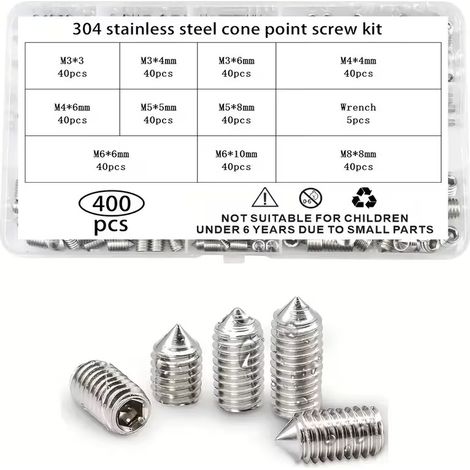 Coffret 400 vis sans tête inox 304 A2 M3 M4 M5 M6 M8, vis pointeau hexagonale STHC + 5 clés Allen (1/5)