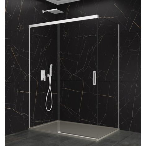 BASIC paroi de douche d’angle avec porte coulissante, panneau fixe frontal et retour fixe, 120x90 cm, verre transparent, finition blanche (1/5)