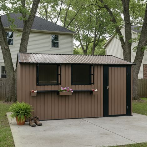 Abri de jardin - 370.8x303.8x204.9cm - cabane a outils en acier galvanise avec 3 fenetres et etagere - Marron et noir (1/5)