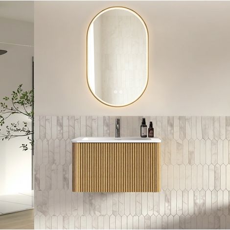 Mueble de baño con lavabo y espejo LED 80 cm, suspendido, premontado, color roble HAVRYA (1/5)