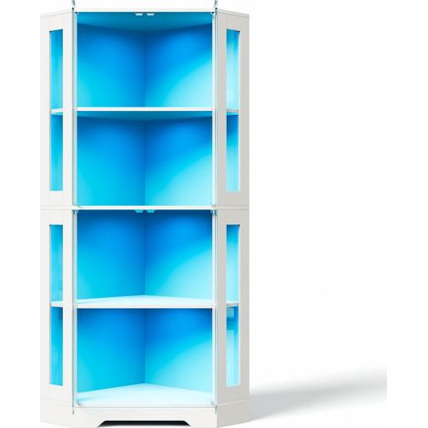 CHICFURN Vitrina de cocina con LED RGB 165 cm, armario auxiliar de almacenaje con 4 puertas de vidrio, 2 estantes ajustables y mueble alto blanco para comedor (1/5)