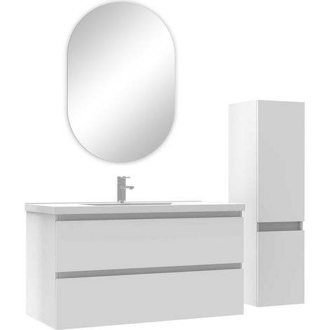 Acezanble ensemble meubles Salle de Bain 100cm vasque + colonne + miroir ovale Blanc (1/4)