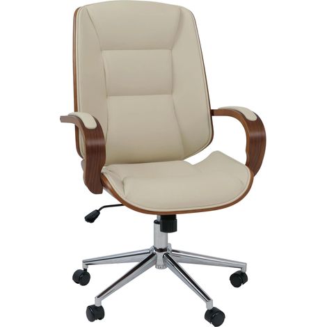 Fauteuil de bureau sur roulettes pivotant avec accoudoirs en simili cuir crème avec structure en bois courbé finition noyer 040009102 (1/5)