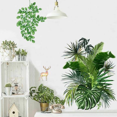Stickers Muraux Plantes Vertes Stickers Muraux Plantes Tropicales Nordiques Feuilles De Monstera Jardin Petit Frais Décoration De La Maison Autocollants Papier Peint Auto-Adhésif (Vert) (1/4)