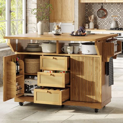 Chariot de cuisine pliable ergonomique 95 cm, étagères en rotin PE, meuble roulant à roulettes pour balcon, camping et intérieur, teinte marron naturel (1/5)
